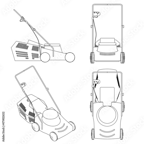 Set with contours of a lawn mower from black lines isolated on a white background. Side view, front, isometric, top. Vector illustration