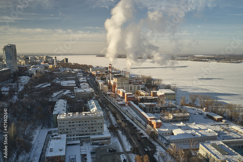 Scenic aerial view of geography center of ancient historic touristic city Samara in Russian Federation. Beautiful winter sunny look from above to downtown of old big city in Russia 