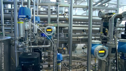 Dairy industry machinery. Technology equipment at dairy farm. Sterile production. Stock video