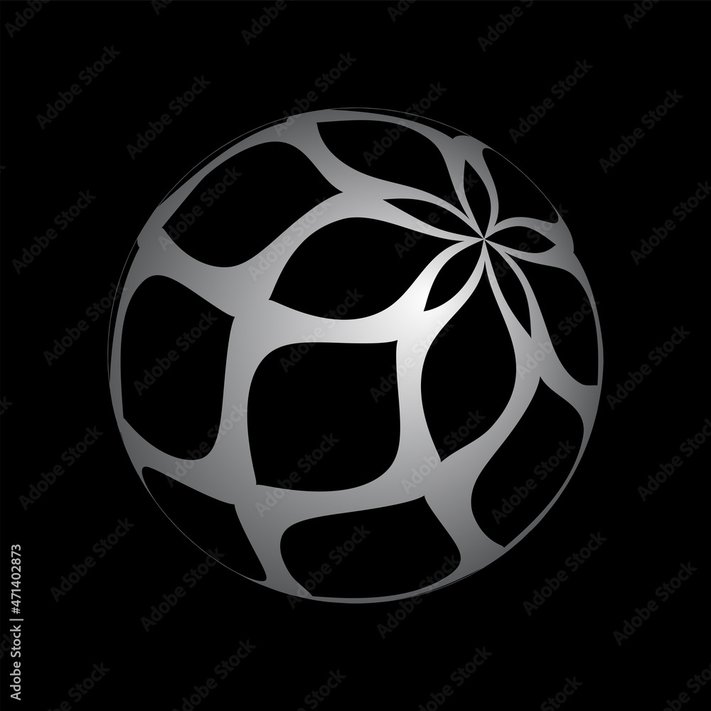 3D spherical shape with abstract pattern on black background.