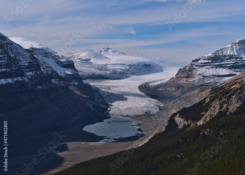 Beautiful view of big Saskatchewan Glacier, part of Columbia Icefield, in Banff National Park, Alberta, Canada in the Canadian Rockies in valley.