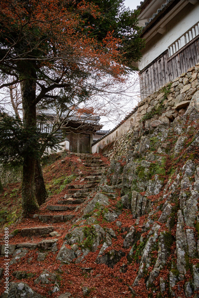 天空の城 備中松山城腕木御門の石垣と紅葉 天空の城 備中松山城腕木御門の石垣と紅葉