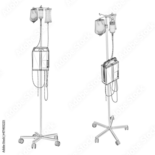 Wireframe of rack with dropper made of black lines isolated on white background. Side view, isometric. 3D. Vector illustration
