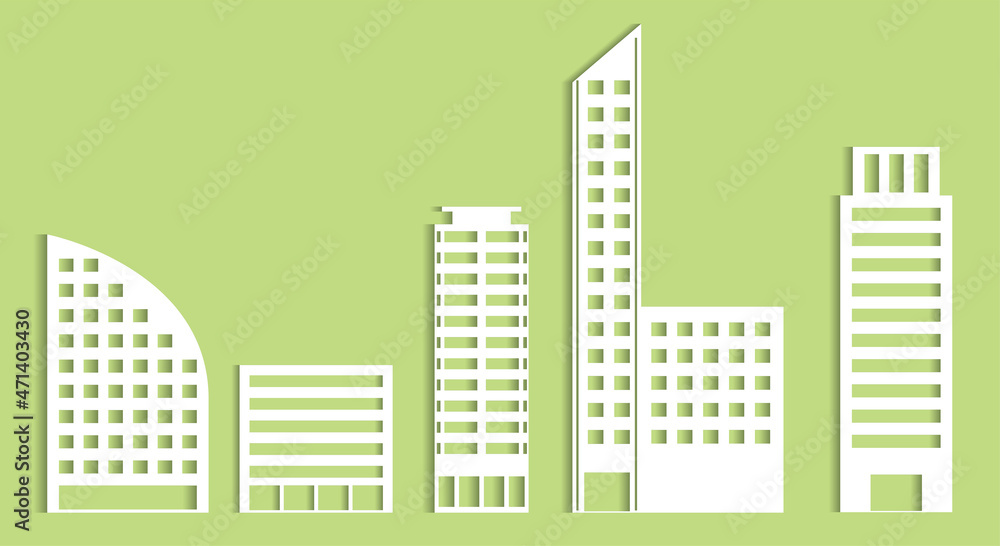シンプルな建物　オフィスビル建築物のペーパークラフト切り絵風アイコン　立体　イラストセット