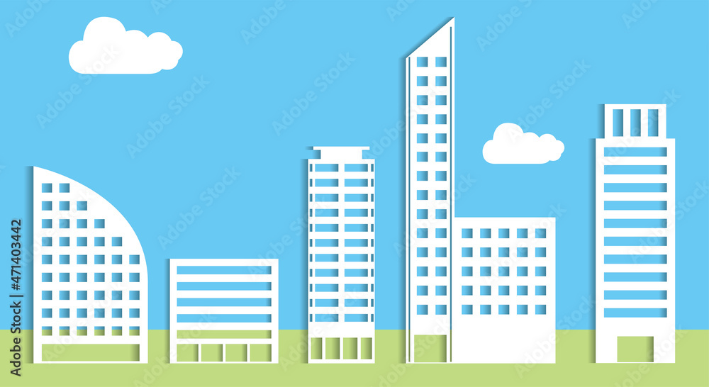 シンプルな建物ビルディングの切り絵風アイコンで描かれた都市街並みの2色風景イラスト　地平線
