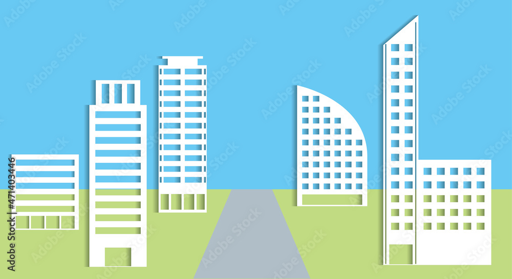 シンプルな建物ビルディングの切り絵風アイコンで描かれた都市街並みの2色風景イラスト　地平線