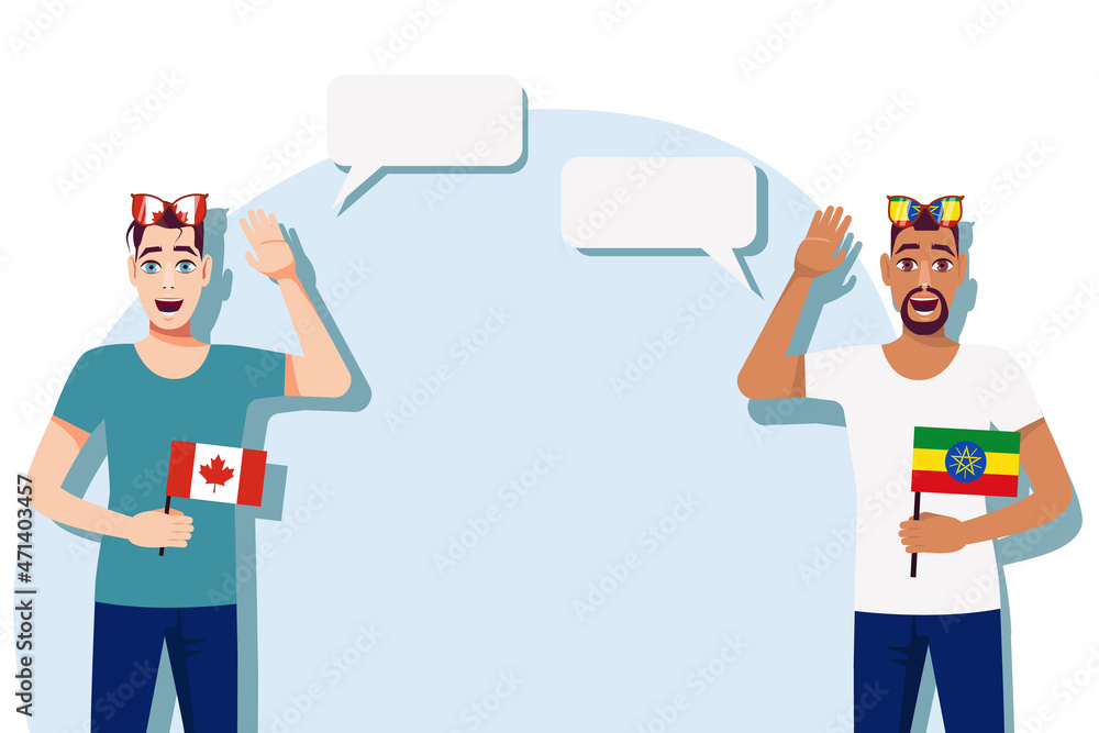 Men with Canadian and Ethiopian flags. Background for the text. The concept of sports, political, education, travel and business relations between Canada and Ethiopia. Vector illustration. Men with Canadian and Ethiopian flags. Background for the text. The concept of sports, political, education, travel and business relations between Canada and Ethiopia. Vector illustration.