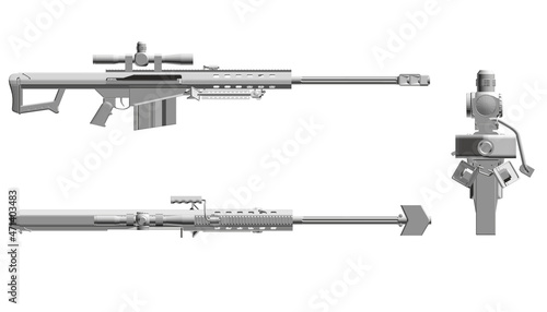 Set with rifles with telescopic sight isolated on white background. Side, top, front view. 3D. Vector illustration