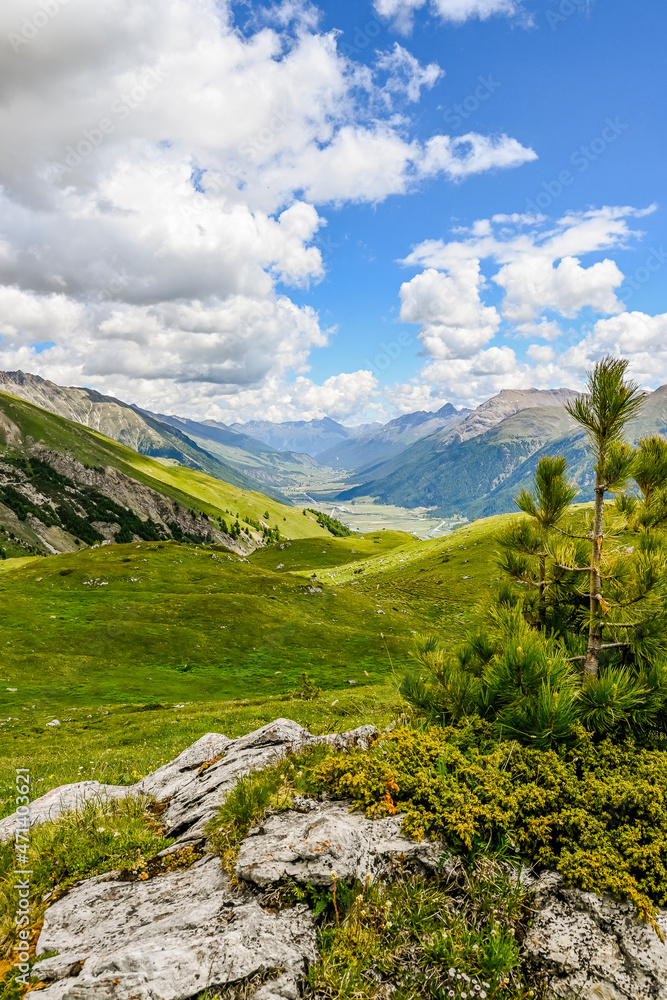 Fototapeta premium Samedan, Dorf, Corviglia, Celerina, Bergbahn, Oberengadin, Inn, Fluss, Inntal, Wanderweg, Graubünden, Alpen, Sommer, Schweiz