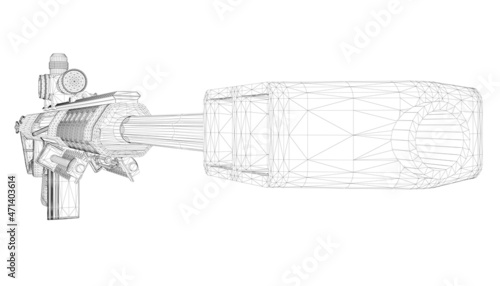 Wireframe with rifle with telescopic sight from black lines isolated on white background. Perspective view. 3D. Vector illustration