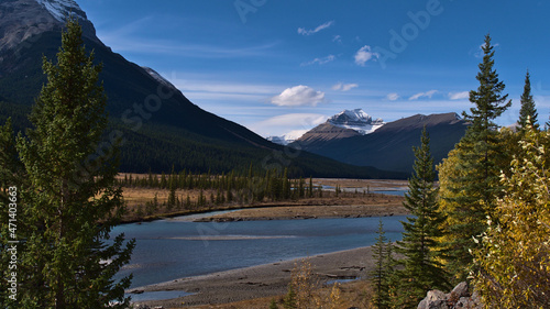Beautiful view of North Saskatchewan River in a valley in Banff National Park, Alberta, Canada in the Rocky Mountains in autumn season.