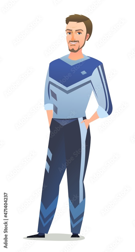Man in tracksuit. Guy got ready for sports activities. Cheerful person. Standing pose. Cartoon comic style flat design. Single character. Illustration isolated on white background. Vector Man in tracksuit. Guy got ready for sports activities. Cheerful person. Standing pose. Cartoon comic style flat design. Single character. Illustration isolated on white background. Vector