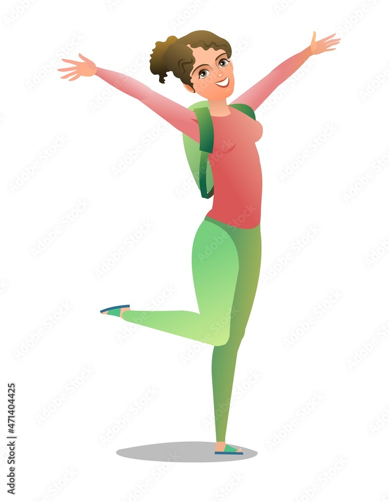 Woman tourist backpacker. Girl with backpack on his back. Cheerful person. Standing pose. Cartoon comic style flat design. Single character. Illustration isolated on white background. Vector Woman tourist backpacker. Girl with backpack on his back. Cheerful person. Standing pose. Cartoon comic style flat design. Single character. Illustration isolated on white background. Vector