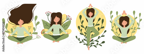 A set of yoga poses. Set of slim athletic young woman doing yoga exercises. Healthy lifestyle.