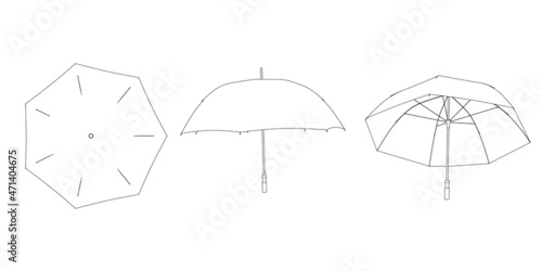 Set with contours of umbrella from black lines isolated on white background. Top, side, bottom view. Vector illustration