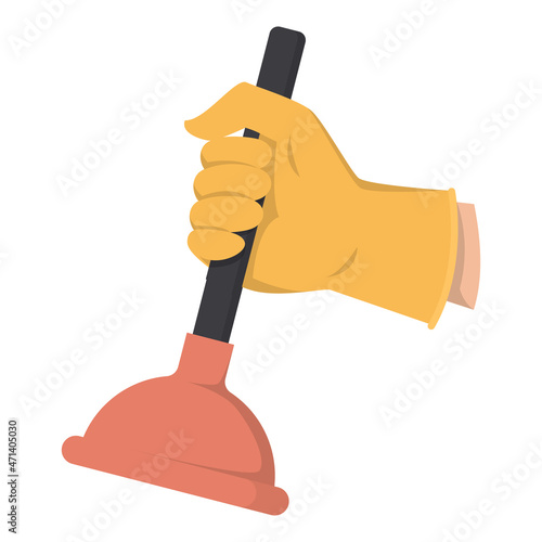Hand in glove holding plunger vector isolated. Cleaning or plumber service. Toilet repair tool.