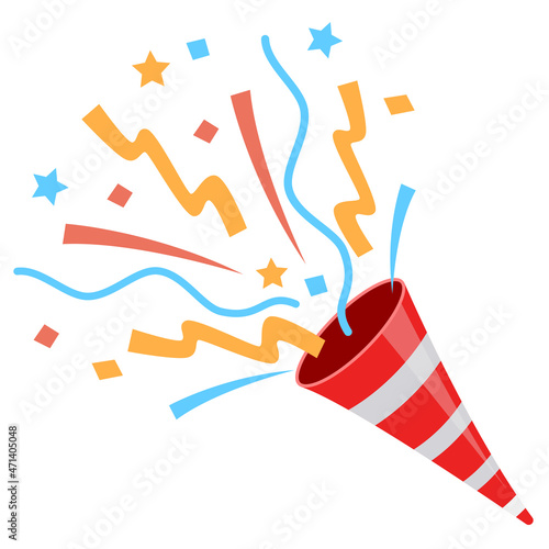 Exploding party popper on white background, vector