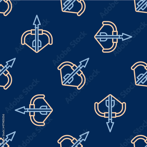 Line Medieval bow and arrow icon isolated seamless pattern on blue background. Medieval weapon. Vector