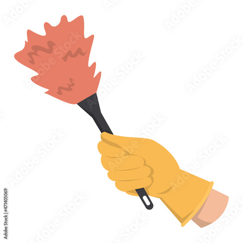 Hand in glove holding feather duster vector isolated. Housework tool, cleaning service concept. Hygiene at home. photo