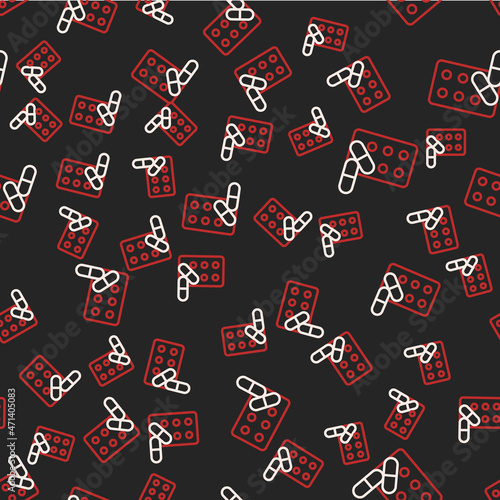 Line Sports doping, anabolic drugs with dumbbell icon isolated seamless pattern on black background. Anabolic steroids tablet. Pills in jar. Vector