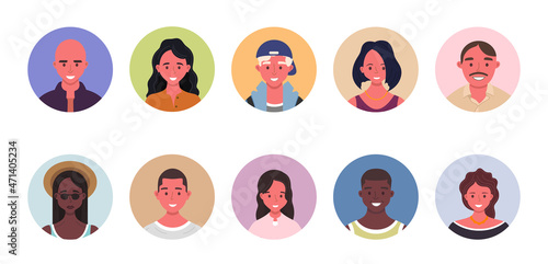 People avatar bundle set. User portraits in circles. Different human face icons. Male and female characters. Smiling men and women characters. Flat cartoon style illustration