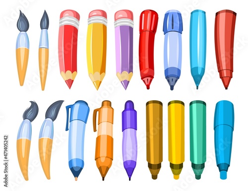 Stationery objects set isolated on white background. A large assortment. Cartoon style brushes and pencils. Markers and ballpoint pens. Pretty design. Vector.