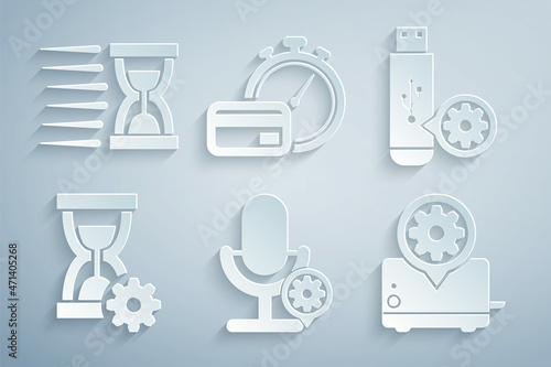 Set Microphone setting, USB flash drive, Hourglass, Toaster, Fast payments and Old hourglass with sand icon. Vector