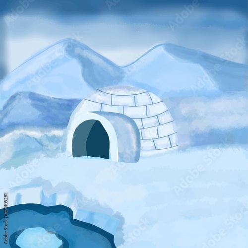 Illustration of an igloo in winter high season mountains. ice pole view