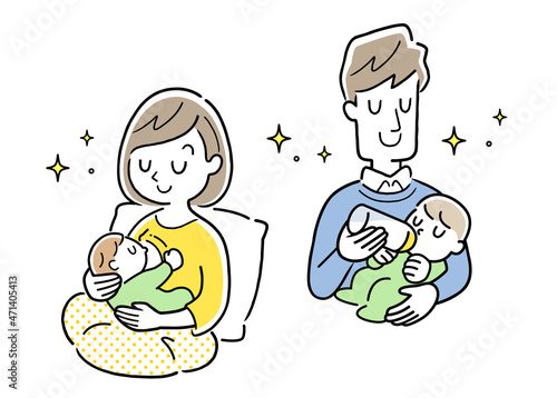 育児、子育て：赤ちゃんに母乳を与える母親とミルクを与える父親

