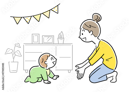 育児、子育て：ハイハイする赤ちゃんと母親
