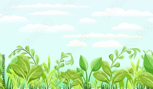 Green tropical herbs and bushes. Horizontal seamless composition. Jungle meadow. Shoots of palms and plants. Funny cartoon style. Bright sky. Green exotic landscape. Vector.