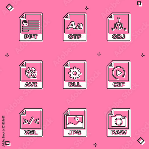 Set PPT file document, OTF, OBJ, AVI, DLL and GIF icon. Vector