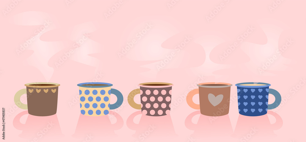A delicate postcard with the image of colorful cute cups with hot drinks. A delicate postcard with the image of colorful cute cups with hot drinks.