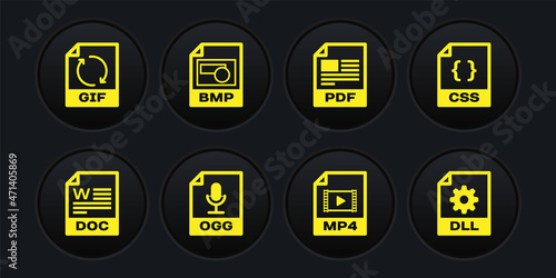 Set DOC file document, CSS, OGG, MP4, PDF and BMP icon. Vector