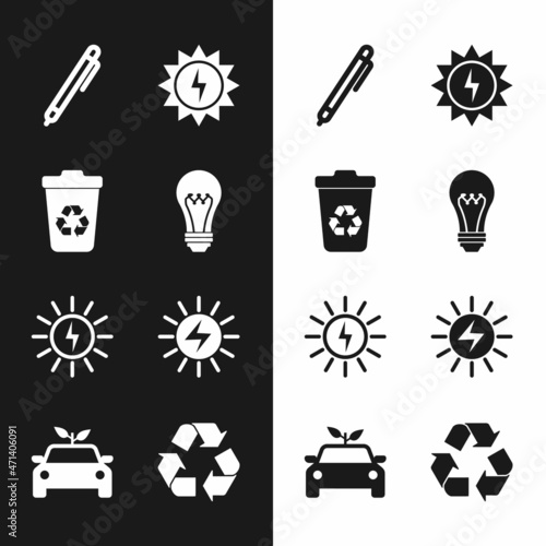 Set Light bulb, Recycle bin with recycle, Pen, Solar energy panel, symbol and Eco car concept drive icon. Vector