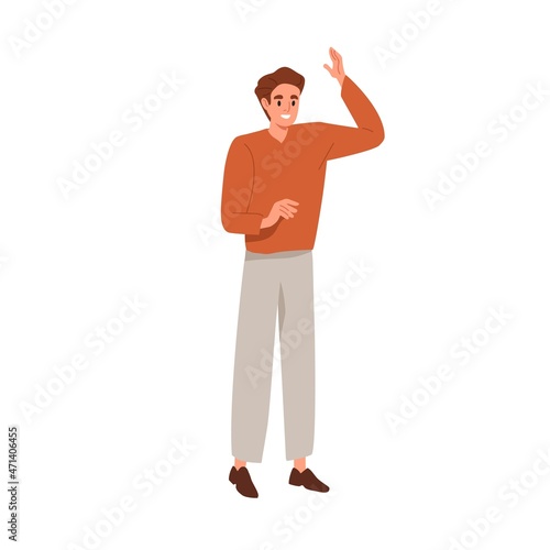 Happy man greeting smb with hi gesture. Excited person waving with hand, saying hello with arm and smiling. Friendly cheerful positive male. Flat vector illustration isolated on white background