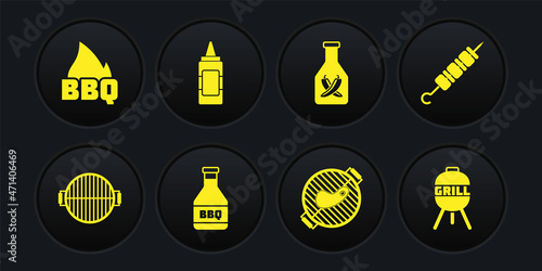 Set Barbecue grill, Grilled shish kebab, Ketchup bottle, with steak, Mustard, and fire flame icon. Vector