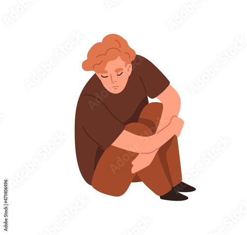 Sad lonely person in sorrow and despair. Unhappy depressed man in grief, sitting and hugging knees. Gloomy guy in bad mood with depression. Flat vector illustration isolated on white background