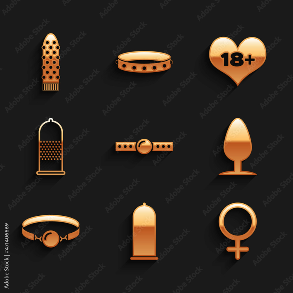 Set Silicone ball gag, Condom safe sex, Female gender symbol, Anal plug, 18 plus content heart and Dildo vibrator icon. Vector Set Silicone ball gag, Condom safe sex, Female gender symbol, Anal plug, 18 plus content heart and Dildo vibrator icon. Vector
