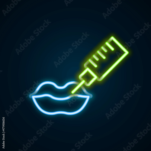Glowing neon line Lip augmentation icon isolated on black background. Hyaluronic acid lips injection. Contour plastic. Colorful outline concept. Vector