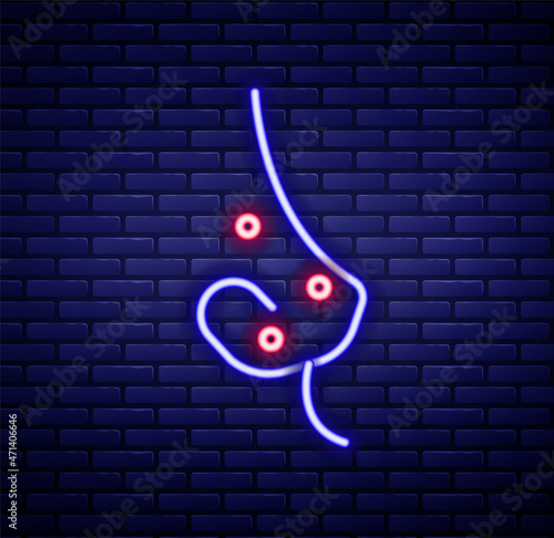 Glowing neon line Acne icon isolated on brick wall background. Inflamed pimple on the skin. The sebum in the clogged pore promotes the growth of a bacteria. Colorful outline concept. Vector