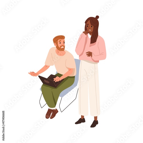 Employees discussing work problem. Confused colleagues with laptop worrying about fail in business. Office workers with troubles and difficulties. Flat vector illustration isolated on white background