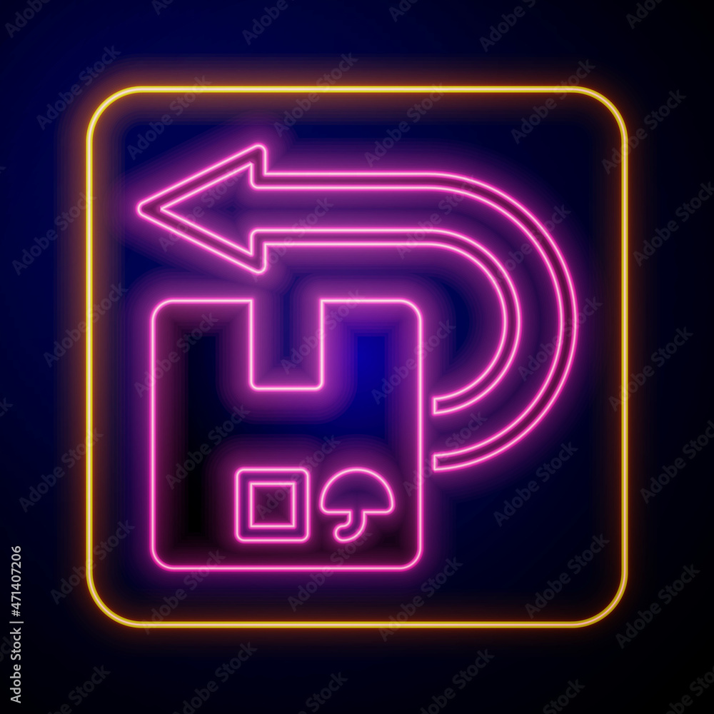 Glowing neon Return cardboard box icon isolated on black background. Box, package, parcel sign. Delivery and packaging. Vector Glowing neon Return cardboard box icon isolated on black background. Box, package, parcel sign. Delivery and packaging. Vector