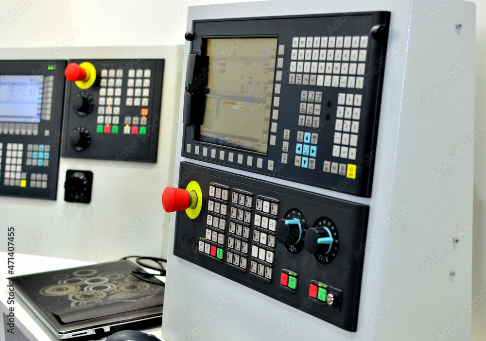 Milling CNC machine control panel with display. Selective focus.