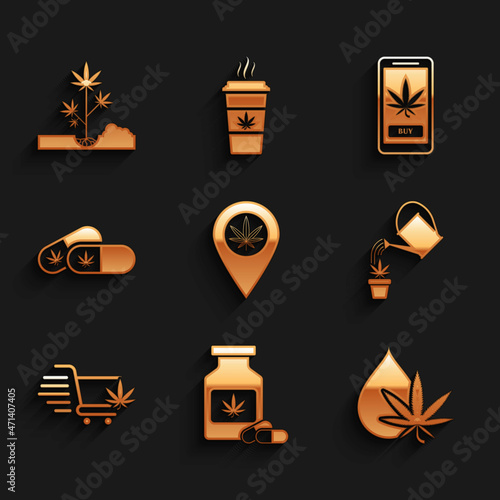 Set Location and marijuana, Medical bottle with, Marijuana or cannabis leaf oil, Watering, Shopping cart, pills, Online buying and Planting icon. Vector