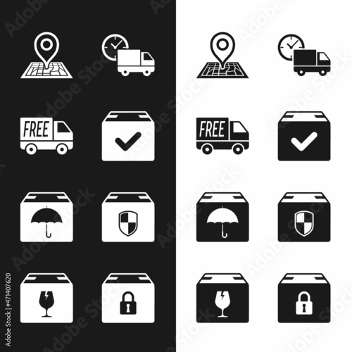 Set Package box with check mark, Free delivery service, Placeholder on map, Delivery truck and clock, package umbrella, security shield, Locked and fragile content icon. Vector