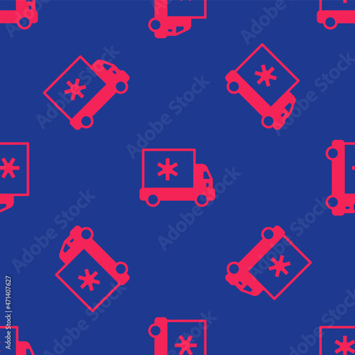 Red Ambulance and emergency car icon isolated seamless pattern on blue background. Ambulance vehicle medical evacuation. Vector