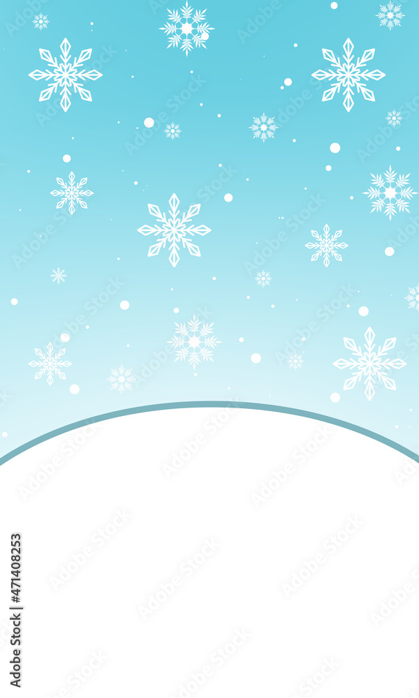 Christmas card with flying white snowflakes and copy space. Snowflakes soaring on a light gradient background, blurred lights and flying snow.