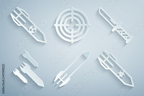 Set Rocket, Military knife, Biohazard rocket, Target sport and Nuclear icon. Vector