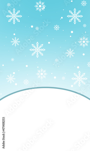 Christmas card with flying white snowflakes and copy space. Snowflakes soaring on a light gradient background, blurred lights and flying snow.